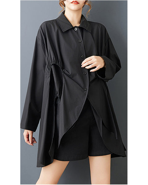 ellazhu Women's Gothic Irregular Button Down Blouse Loose Long Sleeve Oversized Pleated Design Casual Plus Size Top GZ819