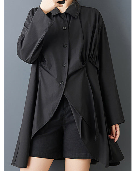 ellazhu Women's Gothic Irregular Button Down Blouse Loose Long Sleeve Oversized Pleated Design Casual Plus Size Top GZ819