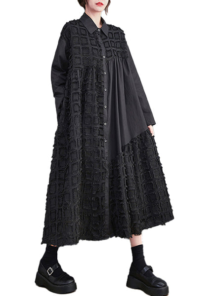ellazhu Women's Gothic Textured Patchwork Maxi Dress Long Sleeve Oversized Button Down Plus Size Mesh Splice Dress GZ820