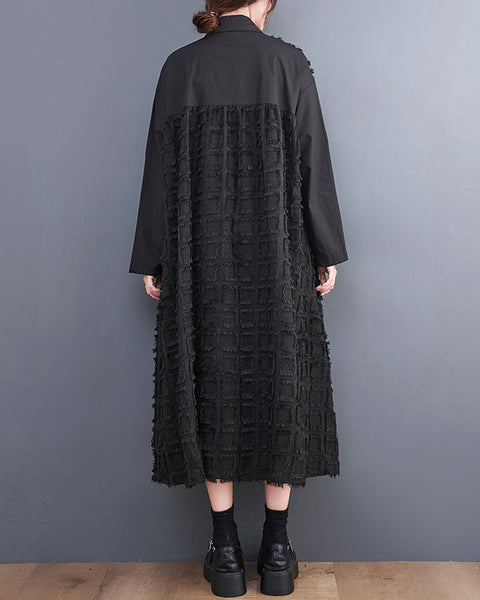 ellazhu Women's Gothic Textured Patchwork Maxi Dress Long Sleeve Oversized Button Down Plus Size Mesh Splice Dress GZ820