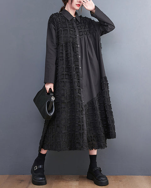 ellazhu Women's Gothic Textured Patchwork Maxi Dress Long Sleeve Oversized Button Down Plus Size Mesh Splice Dress GZ820