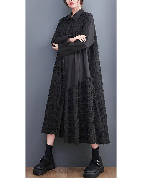 ellazhu Women's Gothic Textured Patchwork Maxi Dress Long Sleeve Oversized Button Down Plus Size Mesh Splice Dress GZ820