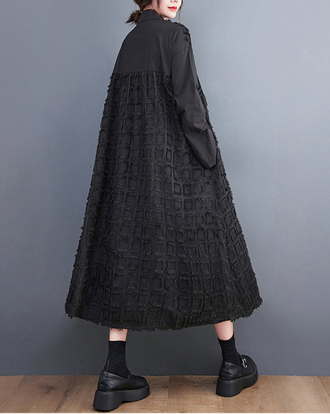 ellazhu Women's Gothic Textured Patchwork Maxi Dress Long Sleeve Oversized Button Down Plus Size Mesh Splice Dress GZ820