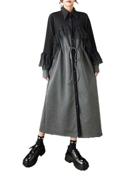 ellazhu Women's Gothic Patchwork Maxi Dress Drawstring Waist Loose Long Sleeve Mesh Ruffle Casual Plus Size Dress GZ821