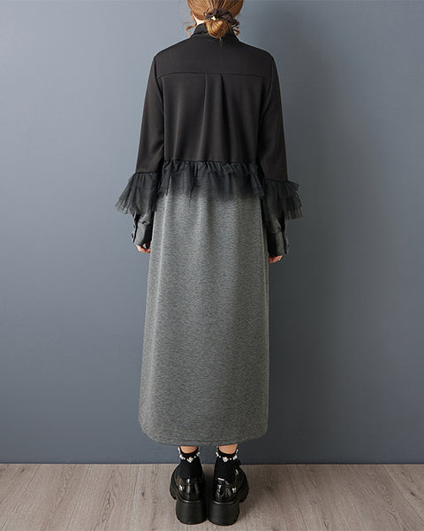 ellazhu Women's Gothic Patchwork Maxi Dress Drawstring Waist Loose Long Sleeve Mesh Ruffle Casual Plus Size Dress GZ821