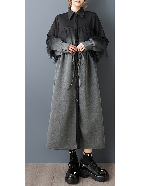 ellazhu Women's Gothic Patchwork Maxi Dress Drawstring Waist Loose Long Sleeve Mesh Ruffle Casual Plus Size Dress GZ821