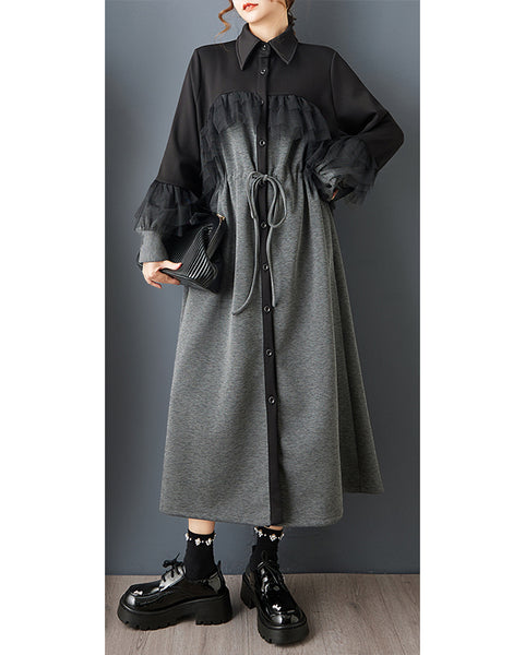 ellazhu Women's Gothic Patchwork Maxi Dress Drawstring Waist Loose Long Sleeve Mesh Ruffle Casual Plus Size Dress GZ821