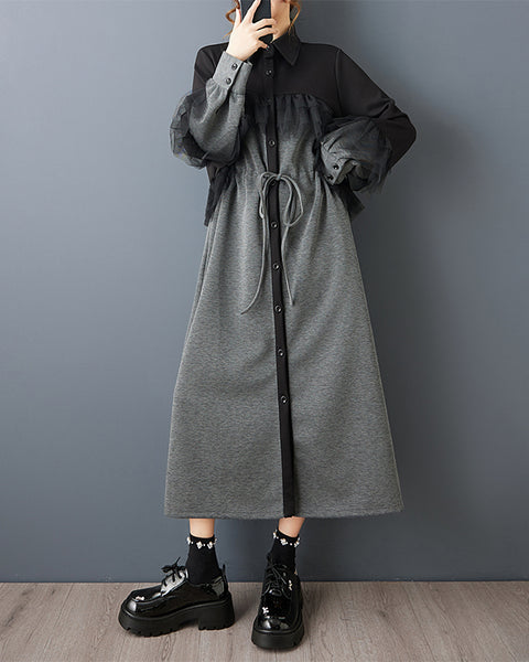 ellazhu Women's Gothic Patchwork Maxi Dress Drawstring Waist Loose Long Sleeve Mesh Ruffle Casual Plus Size Dress GZ821