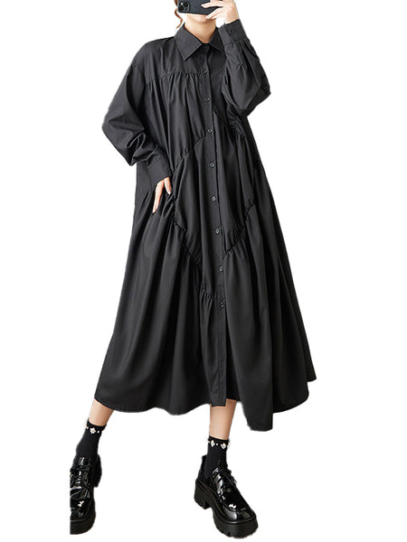 ellazhu Women's Gothic Irregular Pleated Patchwork Maxi Shirt Dress Button Down Loose Long Sleeve Casual Plus Size GZ823