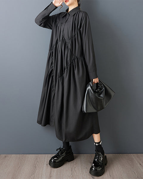 ellazhu Women's Gothic Irregular Pleated Patchwork Maxi Shirt Dress Button Down Loose Long Sleeve Casual Plus Size GZ823