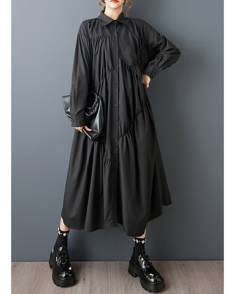 ellazhu Women's Gothic Irregular Pleated Patchwork Maxi Shirt Dress Button Down Loose Long Sleeve Casual Plus Size GZ823