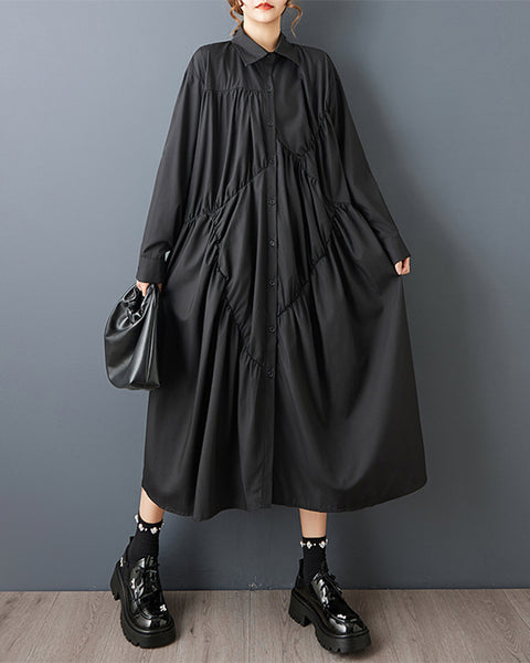 ellazhu Women's Gothic Irregular Pleated Patchwork Maxi Shirt Dress Button Down Loose Long Sleeve Casual Plus Size GZ823
