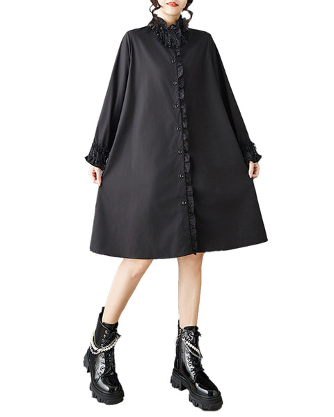 ellazhu Women's Gothic Ruffle Shirt Dress Loose Long Sleeve Button Down Tassel Pendant Casual Plus Size Midi Dress GZ824