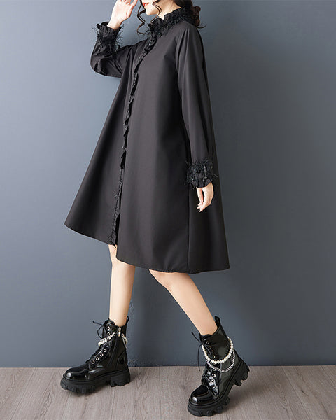 ellazhu Women's Gothic Ruffle Shirt Dress Loose Long Sleeve Button Down Tassel Pendant Casual Plus Size Midi Dress GZ824