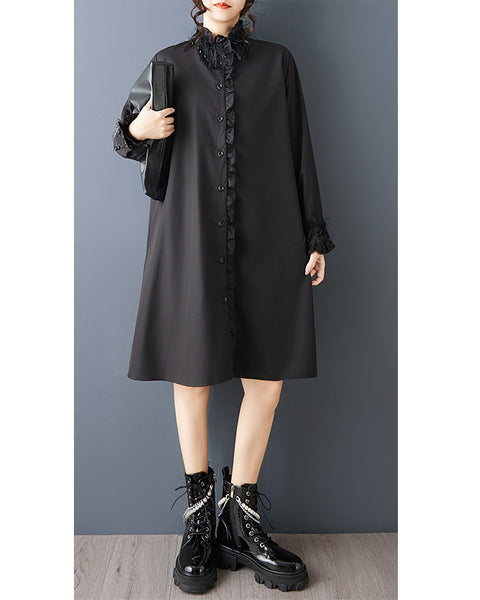 ellazhu Women's Gothic Ruffle Shirt Dress Loose Long Sleeve Button Down Tassel Pendant Casual Plus Size Midi Dress GZ824
