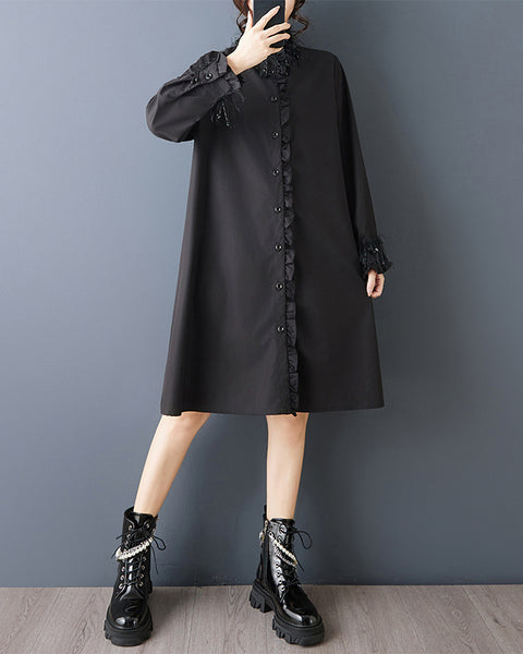 ellazhu Women's Gothic Ruffle Shirt Dress Loose Long Sleeve Button Down Tassel Pendant Casual Plus Size Midi Dress GZ824
