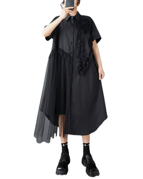 ellazhu Women's Mesh Patchwork Shirt Dress Oversized Midi Dress Button Down Short Sleeve Casual Summer Loose GZ825
