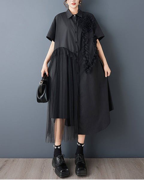ellazhu Women's Mesh Patchwork Shirt Dress Oversized Midi Dress Button Down Short Sleeve Casual Summer Loose GZ825