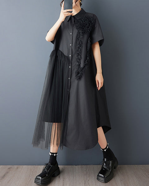 ellazhu Women's Mesh Patchwork Shirt Dress Oversized Midi Dress Button Down Short Sleeve Casual Summer Loose GZ825