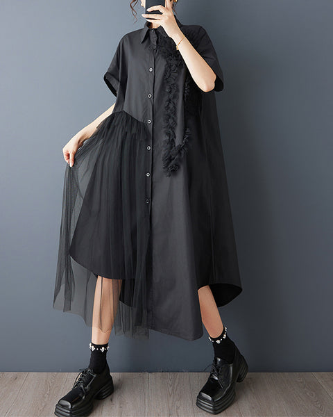ellazhu Women's Mesh Patchwork Shirt Dress Oversized Midi Dress Button Down Short Sleeve Casual Summer Loose GZ825