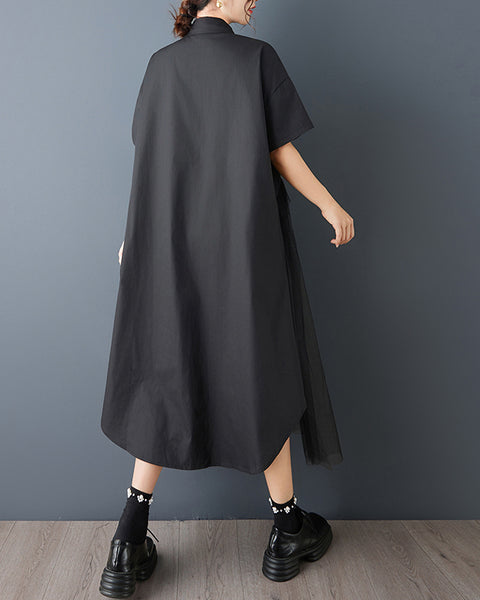 ellazhu Women's Mesh Patchwork Shirt Dress Oversized Midi Dress Button Down Short Sleeve Casual Summer Loose GZ825
