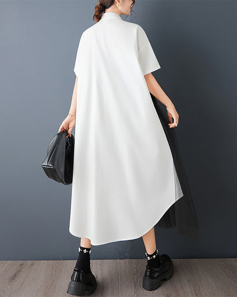 ellazhu Women's Mesh Patchwork Shirt Dress Oversized Midi Dress Button Down Short Sleeve Casual Summer Loose GZ825