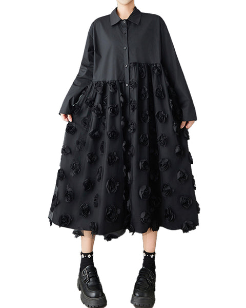 ellazhu Women's Mesh Patchwork Shirt Dress Floral Applique Midi Dress Loose Long Sleeve Button Down Casual GZ826