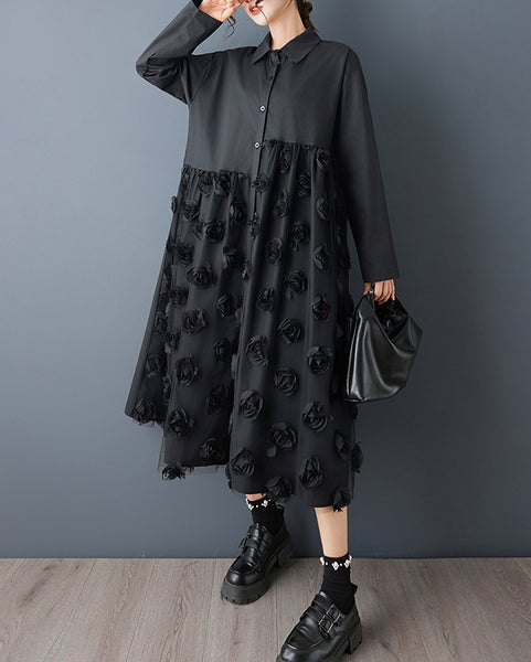 ellazhu Women's Mesh Patchwork Shirt Dress Floral Applique Midi Dress Loose Long Sleeve Button Down Casual GZ826