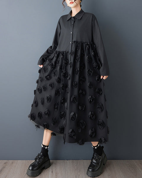 ellazhu Women's Mesh Patchwork Shirt Dress Floral Applique Midi Dress Loose Long Sleeve Button Down Casual GZ826