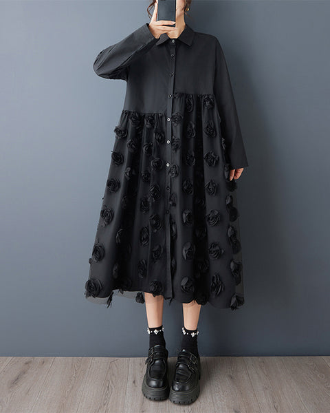 ellazhu Women's Mesh Patchwork Shirt Dress Floral Applique Midi Dress Loose Long Sleeve Button Down Casual GZ826