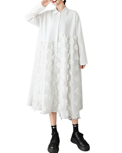 ellazhu Women's Mesh Patchwork Shirt Dress Floral Applique Midi Dress Loose Long Sleeve Button Down Casual GZ826
