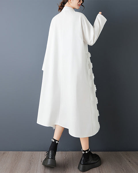 ellazhu Women's Mesh Patchwork Shirt Dress Floral Applique Midi Dress Loose Long Sleeve Button Down Casual GZ826