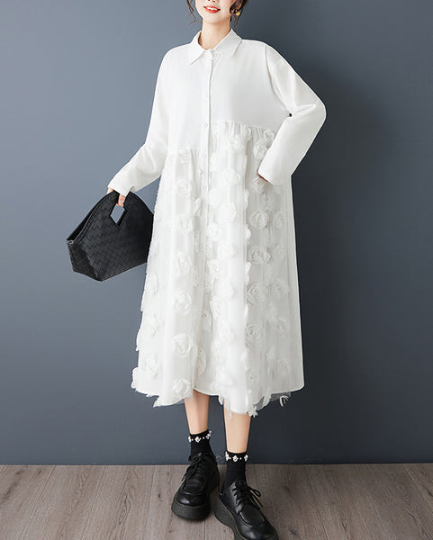 ellazhu Women's Mesh Patchwork Shirt Dress Floral Applique Midi Dress Loose Long Sleeve Button Down Casual GZ826