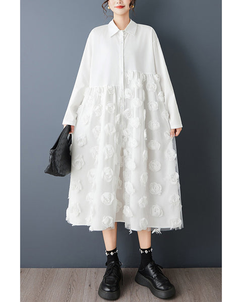 ellazhu Women's Mesh Patchwork Shirt Dress Floral Applique Midi Dress Loose Long Sleeve Button Down Casual GZ826