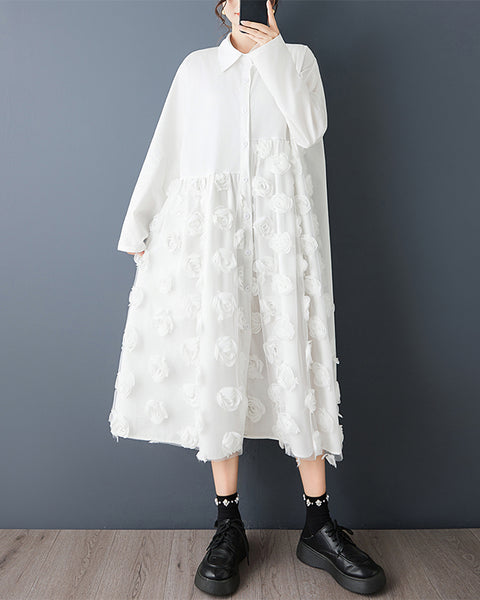 ellazhu Women's Mesh Patchwork Shirt Dress Floral Applique Midi Dress Loose Long Sleeve Button Down Casual GZ826