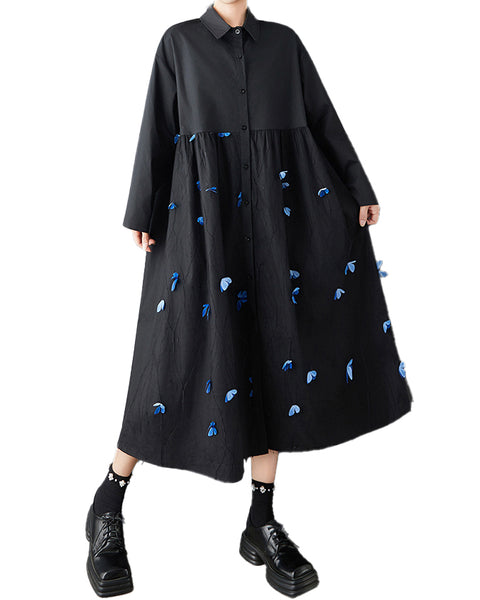 ellazhu Women's Butterfly Applique Shirt Dress Mesh Patchwork Lapel Neck A Line Midi Loose Long Sleeve Button Down GZ827