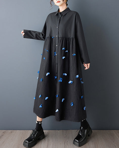 ellazhu Women's Butterfly Applique Shirt Dress Mesh Patchwork Lapel Neck A Line Midi Loose Long Sleeve Button Down GZ827