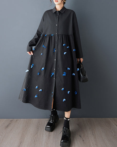 ellazhu Women's Butterfly Applique Shirt Dress Mesh Patchwork Lapel Neck A Line Midi Loose Long Sleeve Button Down GZ827