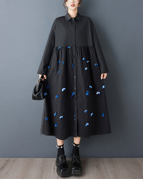 ellazhu Women's Butterfly Applique Shirt Dress Mesh Patchwork Lapel Neck A Line Midi Loose Long Sleeve Button Down GZ827
