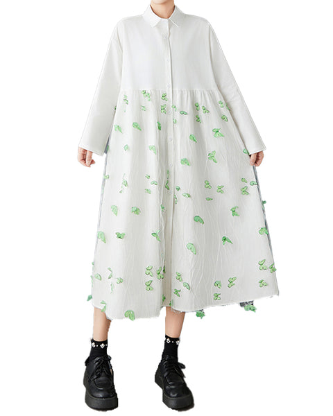 ellazhu Women's Butterfly Applique Shirt Dress Mesh Patchwork Lapel Neck A Line Midi Loose Long Sleeve Button Down GZ827