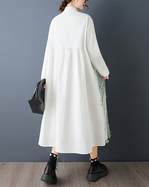 ellazhu Women's Butterfly Applique Shirt Dress Mesh Patchwork Lapel Neck A Line Midi Loose Long Sleeve Button Down GZ827