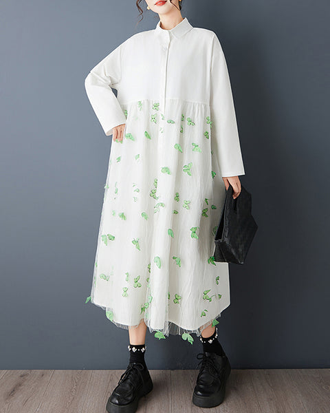 ellazhu Women's Butterfly Applique Shirt Dress Mesh Patchwork Lapel Neck A Line Midi Loose Long Sleeve Button Down GZ827