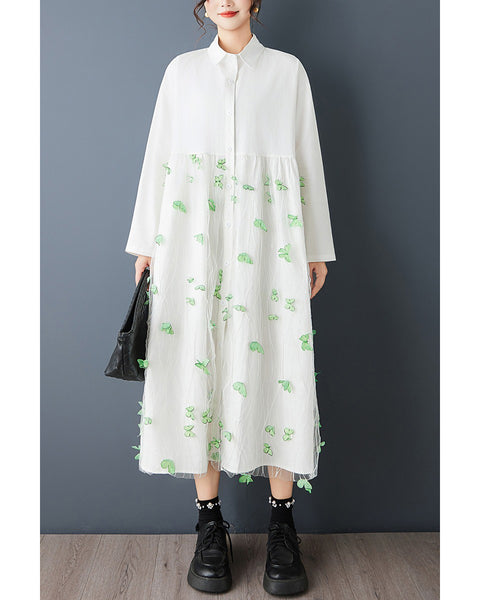 ellazhu Women's Butterfly Applique Shirt Dress Mesh Patchwork Lapel Neck A Line Midi Loose Long Sleeve Button Down GZ827