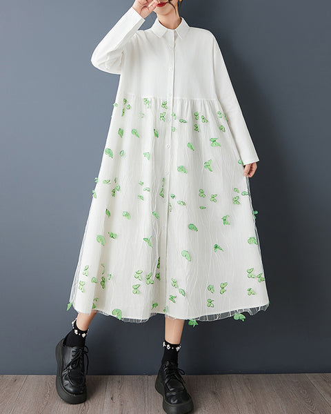 ellazhu Women's Butterfly Applique Shirt Dress Mesh Patchwork Lapel Neck A Line Midi Loose Long Sleeve Button Down GZ827