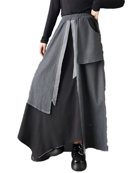 ellazhu Women's Patchwork Maxi Skirt Gray Asymmetrical High Waist Elastic Waist A Line Irregular Hem Casual Skirt GZ828