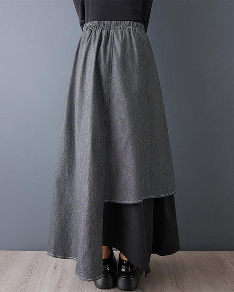 ellazhu Women's Patchwork Maxi Skirt Gray Asymmetrical High Waist Elastic Waist A Line Irregular Hem Casual Skirt GZ828