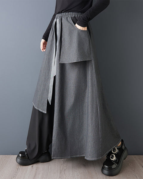 ellazhu Women's Patchwork Maxi Skirt Gray Asymmetrical High Waist Elastic Waist A Line Irregular Hem Casual Skirt GZ828