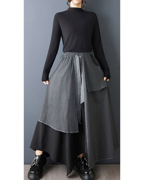 ellazhu Women's Patchwork Maxi Skirt Gray Asymmetrical High Waist Elastic Waist A Line Irregular Hem Casual Skirt GZ828