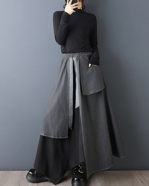 ellazhu Women's Patchwork Maxi Skirt Gray Asymmetrical High Waist Elastic Waist A Line Irregular Hem Casual Skirt GZ828