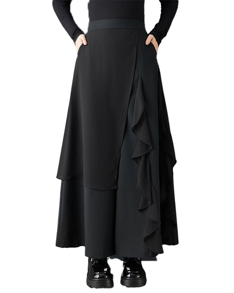 ellazhu Women's Patchwork Layered Cropped Skirt Pants Black High Waist Asymmetrical Loose Plus Size Culottes GZ829